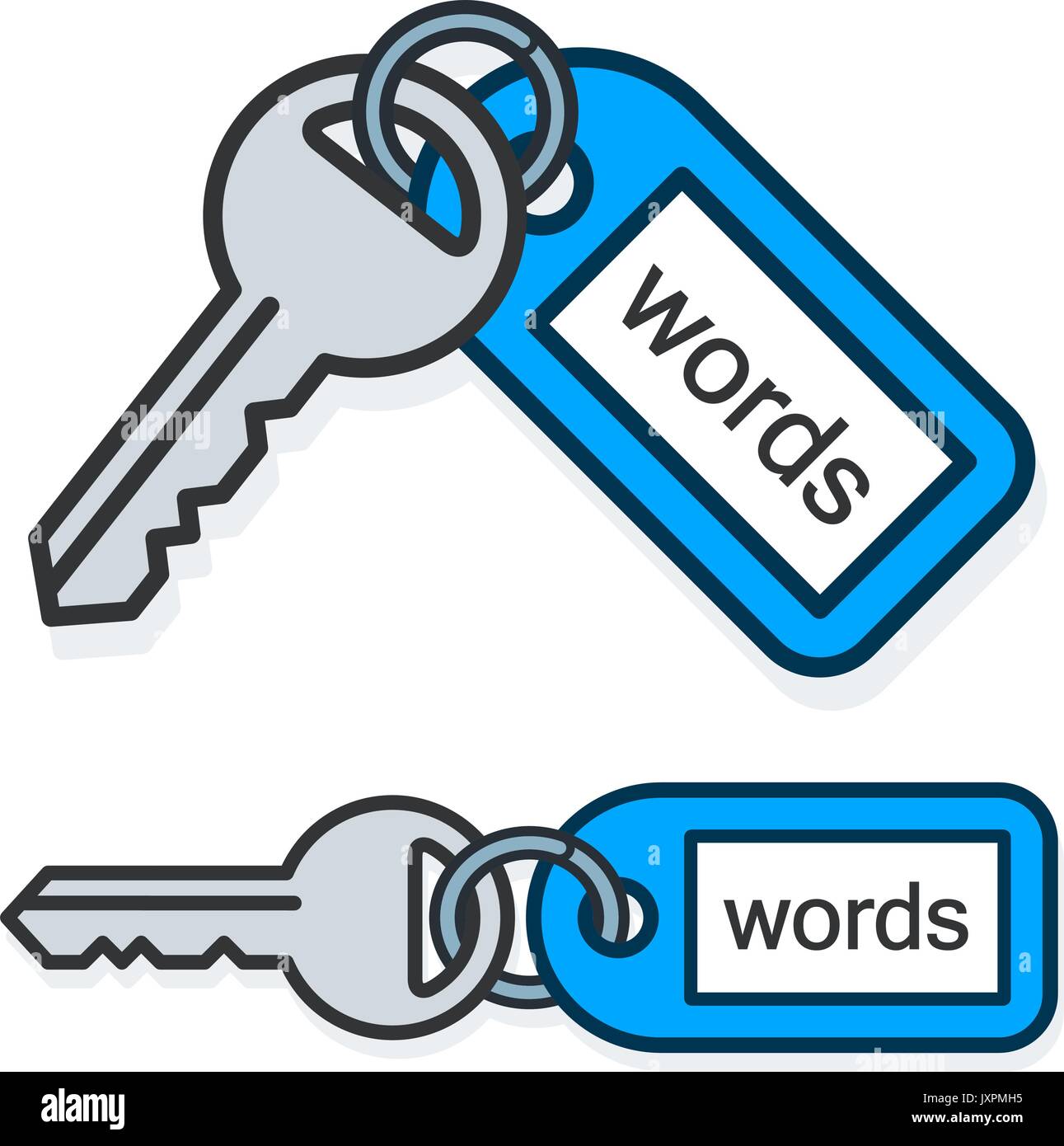 Keywords concept of metallic keys connected to tag with the same name text over white background Stock Vector