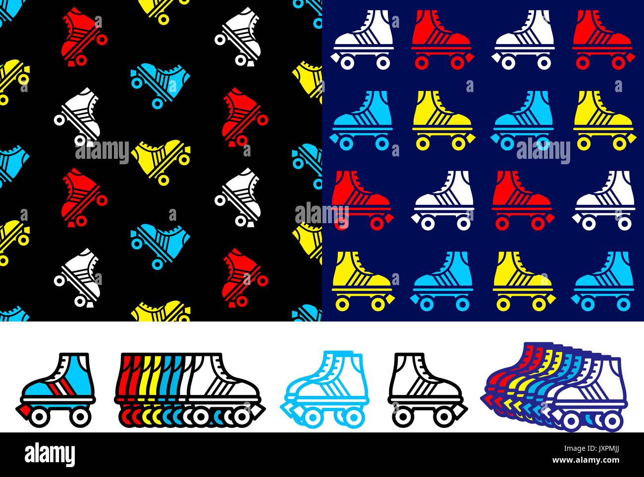 Roller skate seamless background pattern with colorful red, blue, yellow and white skate icons in two different pattern variations with a row of singl Stock Vector