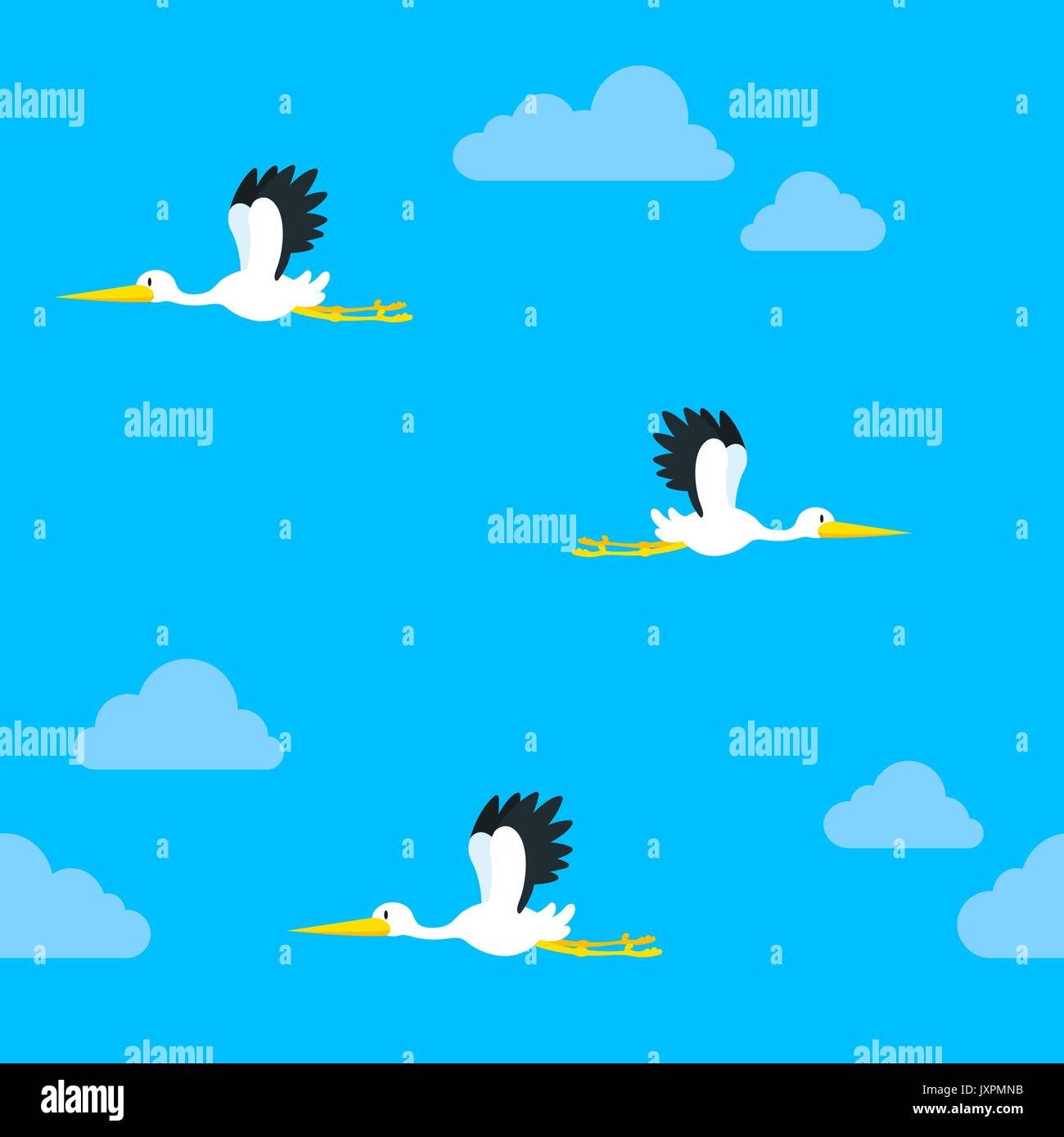 Seamless background pattern of flying storks on a blue sky with clouds heading in opposite directions, vector design in square format Stock Vector