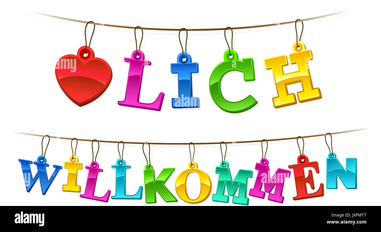 Herzlich willkommen welcome sign in German with a symbolic red heart and letters formed of hangings rainbow colored tags on a string forming a greetin Stock Vector