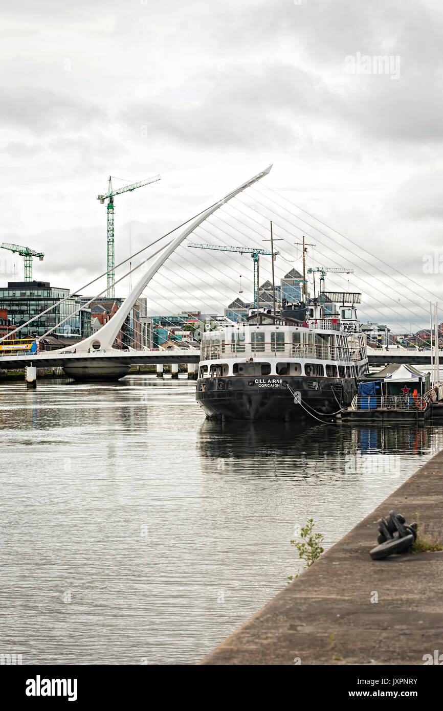 Cill Airne floating on Liffey River, North Wall Quay. Dublin. This beautifully restored ship is a unique place for dinner. Dublin, Ireland. 16 August Stock Photo