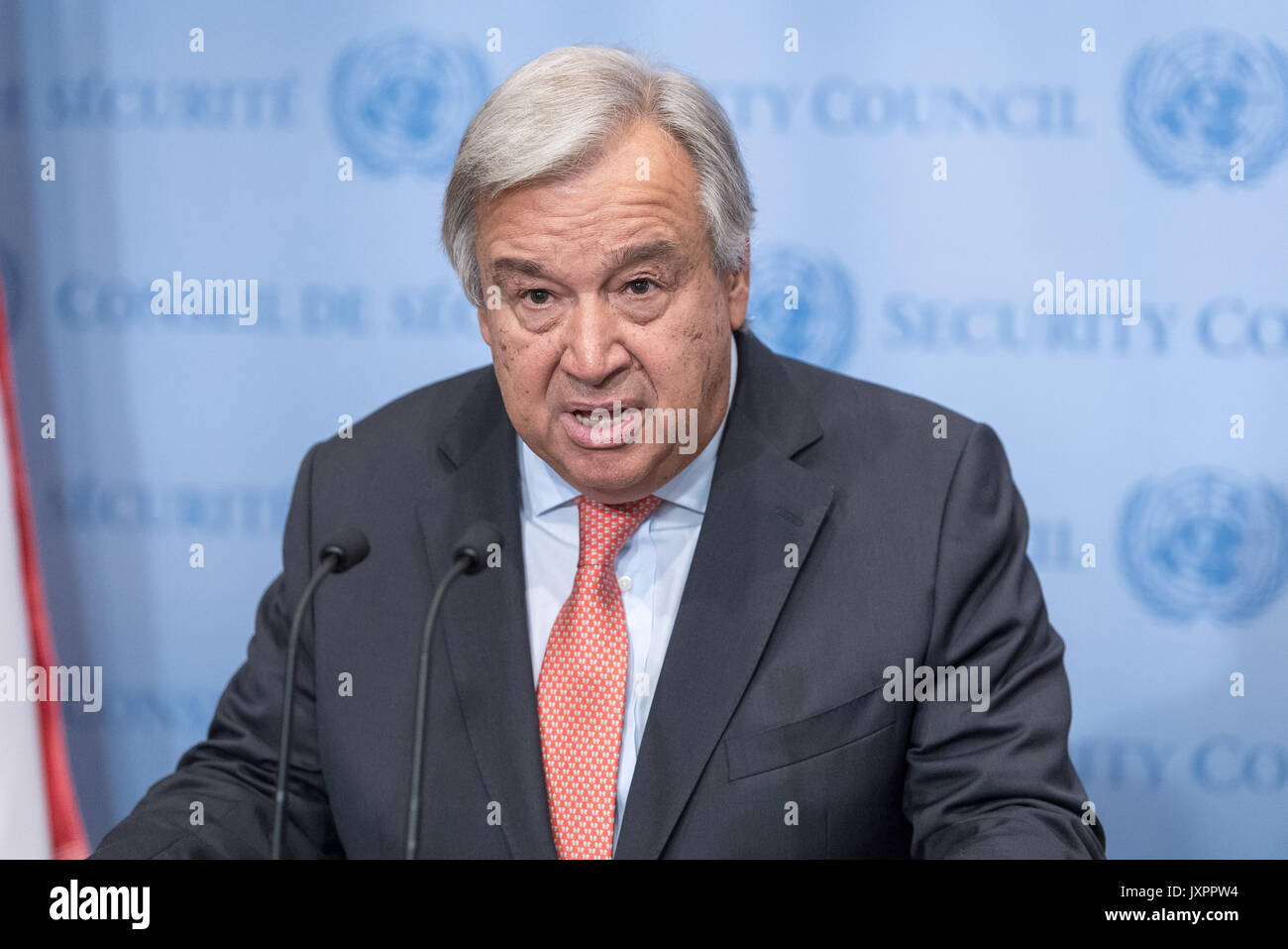 New York, United States. 16th Aug, 2017. United Nations Secretary-General Antonio Guterres spoke to the press at the Security Council stakeout at UN Headquarters delivering a brief prepared statement regarding the ongoing security issues posed by North Korea's nuclear weapons program. Following his prepared remarks, the Secretary-General responded to questions regarding the political crisis in Venezuela and U.S. President Donald Trump's stance regarding the rise of white nationalism. Credit: Albin Lohr-Jones/Pacific Press/Alamy Live News Stock Photo