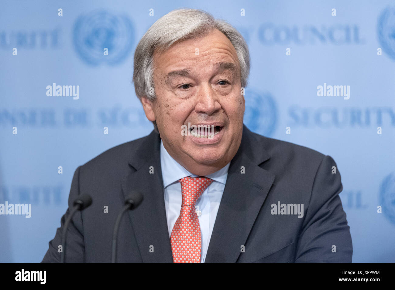 New York, United States. 16th Aug, 2017. United Nations Secretary-General Antonio Guterres spoke to the press at the Security Council stakeout at UN Headquarters delivering a brief prepared statement regarding the ongoing security issues posed by North Korea's nuclear weapons program. Following his prepared remarks, the Secretary-General responded to questions regarding the political crisis in Venezuela and U.S. President Donald Trump's stance regarding the rise of white nationalism. Credit: Albin Lohr-Jones/Pacific Press/Alamy Live News Stock Photo