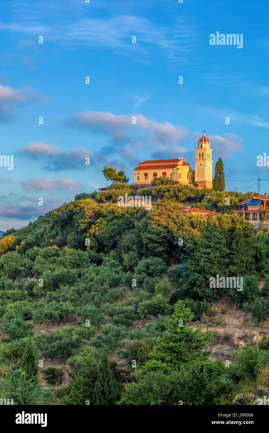 Zakynthos island with church on the top of hill in Greece Stock Photo
