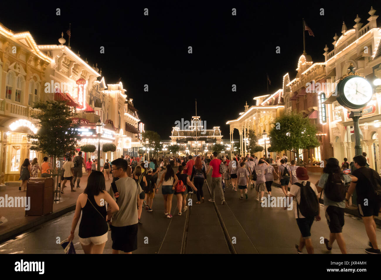 Loking down Main Street USA at night in Magic Kingdom, Walt Disney World, Orlando, Florida. Stock Photo