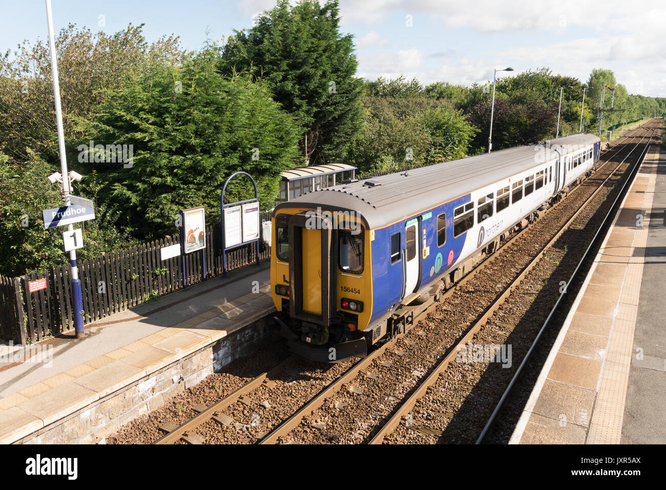 Arriva Rail North (Northern) sprinter diesel train in Prudhoe rail station, Northumberland, England Stock Photo