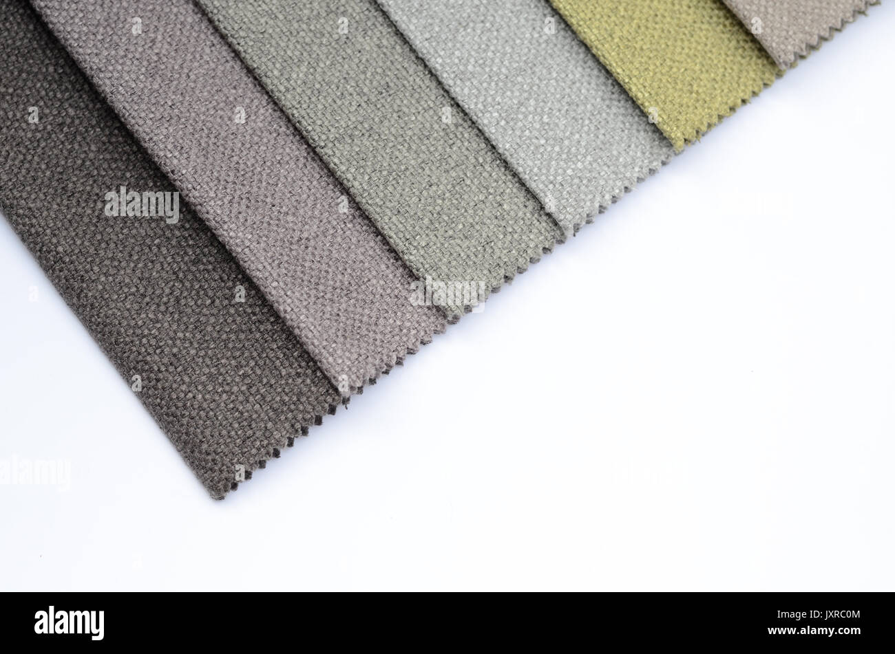 Bright collection of colorful gunny textile samples. Fabric texture background with space for text Stock Photo