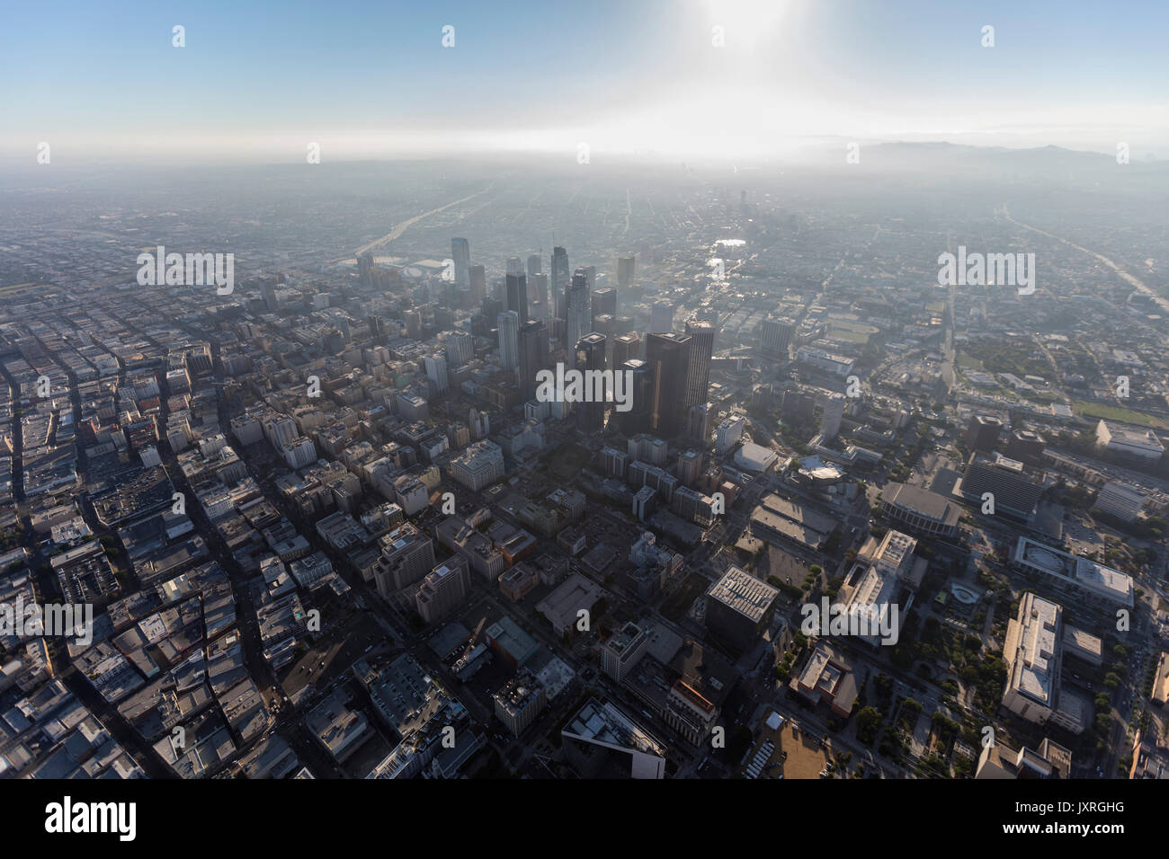 Downtown urban Los Angeles hazy summer afternoon aerial in Southern California. Stock Photo