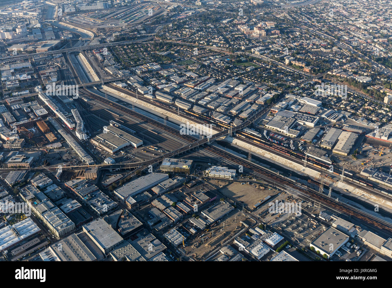 Aerial view of the Los Angeles River, downtown Arts District and Boyle Heights in Southern California. Stock Photo