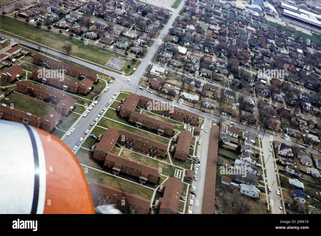 Aerial view of houses in Dallas, Texas, USA, taken in March 1958. Close