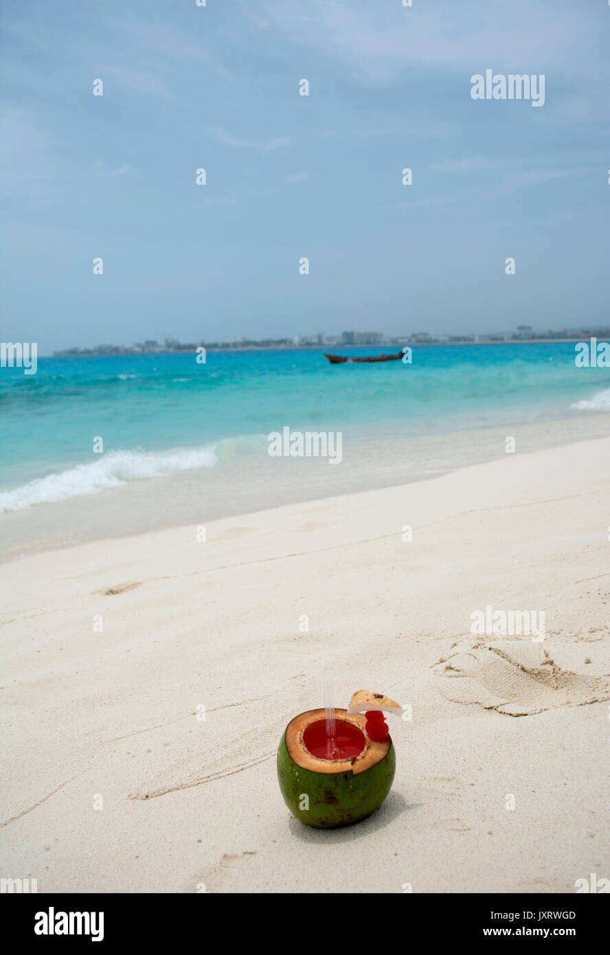 Tropical Coconut Cocktail in front of crystal blue ocean. Stock Photo