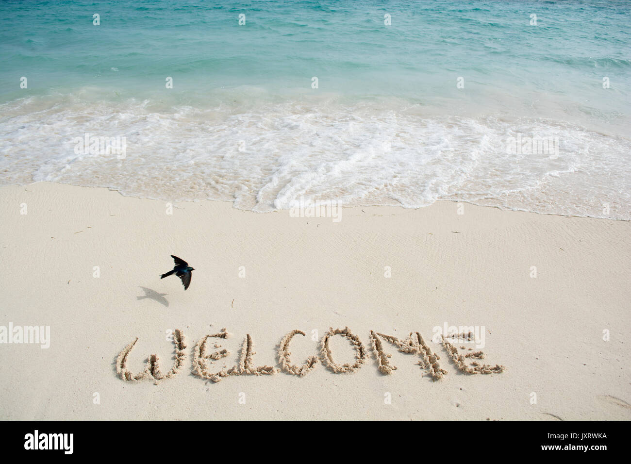 Welcome written in a sandy tropical beach. Stock Photo