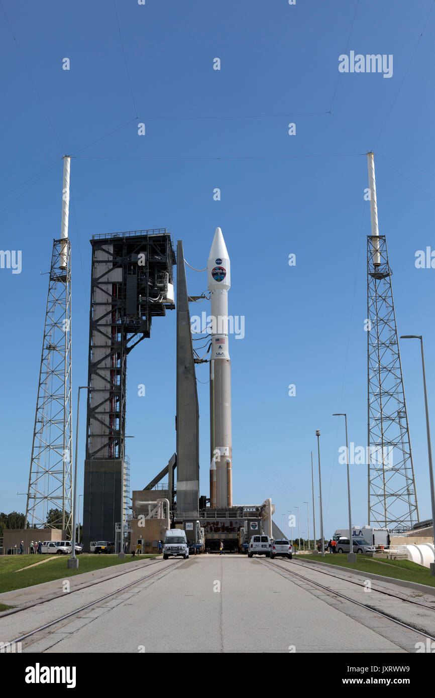 Cape Canaveral, United States Of America. 16th Aug, 2017. The United Launch Alliance Atlas V rocket is positions at Space Launch Complex 41 at Cape Canaveral Air Force Station August 16, 2017 in Cape Canaveral, Florida. The commercial rocket scheduled to send NASA's Tracking and Data Relay Satellite, TDRS-M to orbit on August 18th. Credit: Planetpix/Alamy Live News Stock Photo