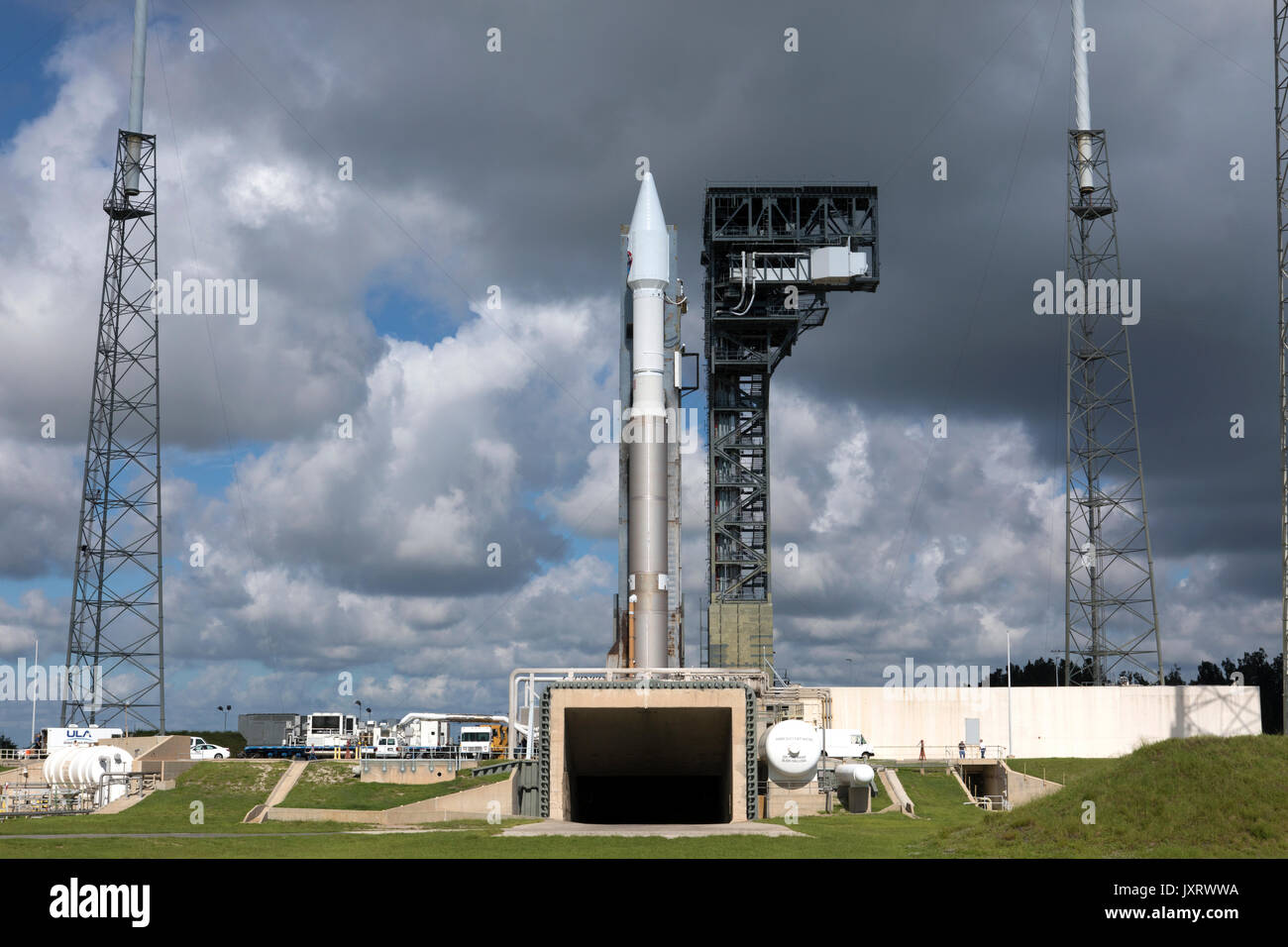 Cape Canaveral, United States Of America. 16th Aug, 2017. The United Launch Alliance Atlas V rocket is positions at Space Launch Complex 41 at Cape Canaveral Air Force Station August 16, 2017 in Cape Canaveral, Florida. The commercial rocket scheduled to send NASA's Tracking and Data Relay Satellite, TDRS-M to orbit on August 18th. Credit: Planetpix/Alamy Live News Stock Photo