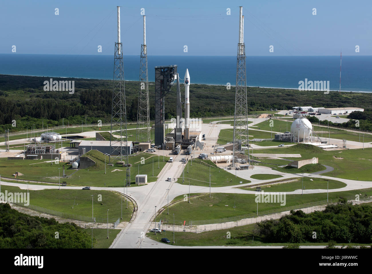 Cape Canaveral, United States Of America. 16th Aug, 2017. The United Launch Alliance Atlas V rocket stands at Space Launch Complex 41 at Cape Canaveral Air Force Station August 16, 2017 in Cape Canaveral, Florida. The commercial rocket scheduled to send NASA's Tracking and Data Relay Satellite, TDRS-M to orbit on August 18th. Credit: Planetpix/Alamy Live News Stock Photo