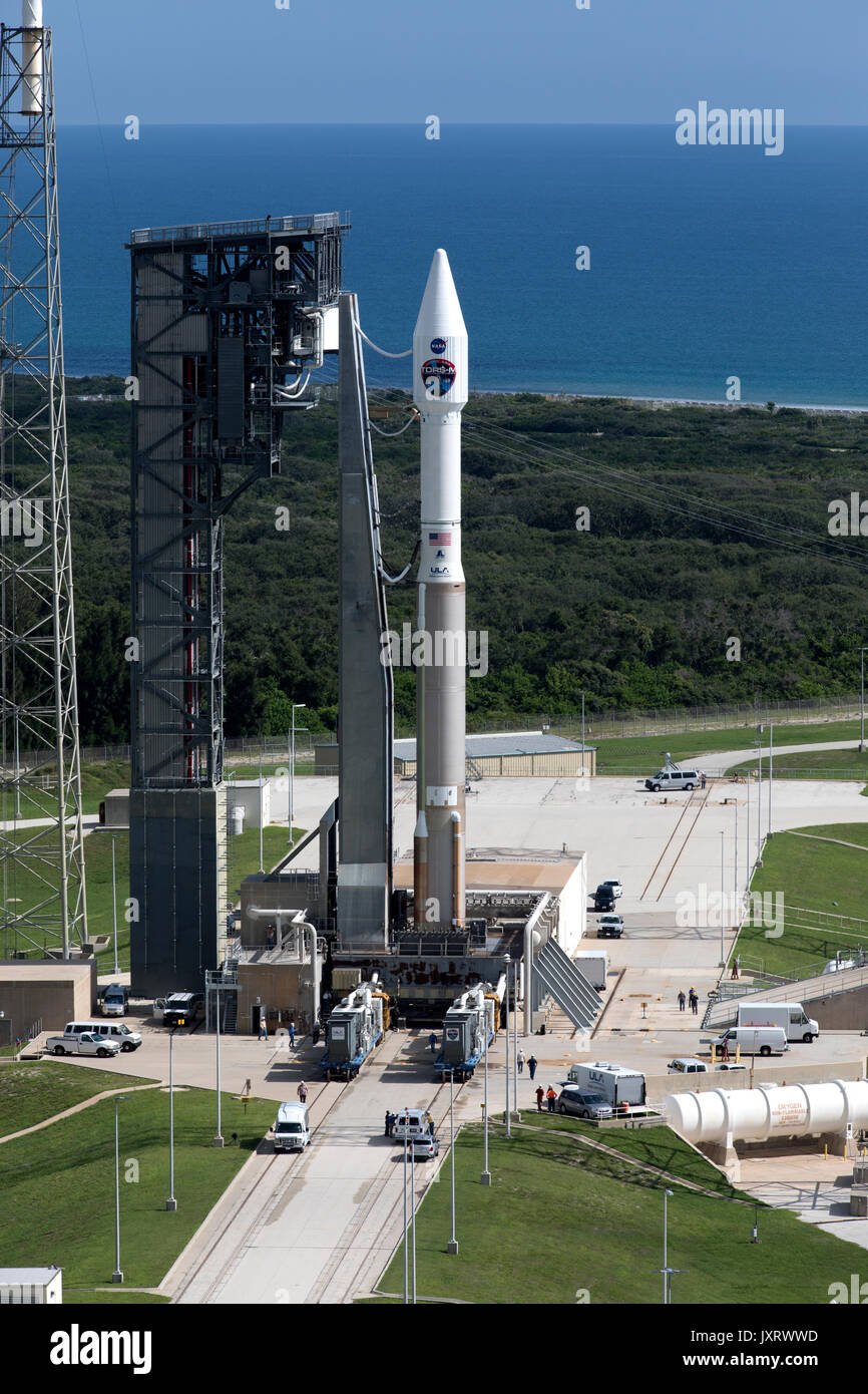 Cape Canaveral, United States Of America. 16th Aug, 2017. The United Launch Alliance Atlas V rocket stands at Space Launch Complex 41 at Cape Canaveral Air Force Station August 16, 2017 in Cape Canaveral, Florida. The commercial rocket scheduled to send NASA's Tracking and Data Relay Satellite, TDRS-M to orbit on August 18th. Credit: Planetpix/Alamy Live News Stock Photo