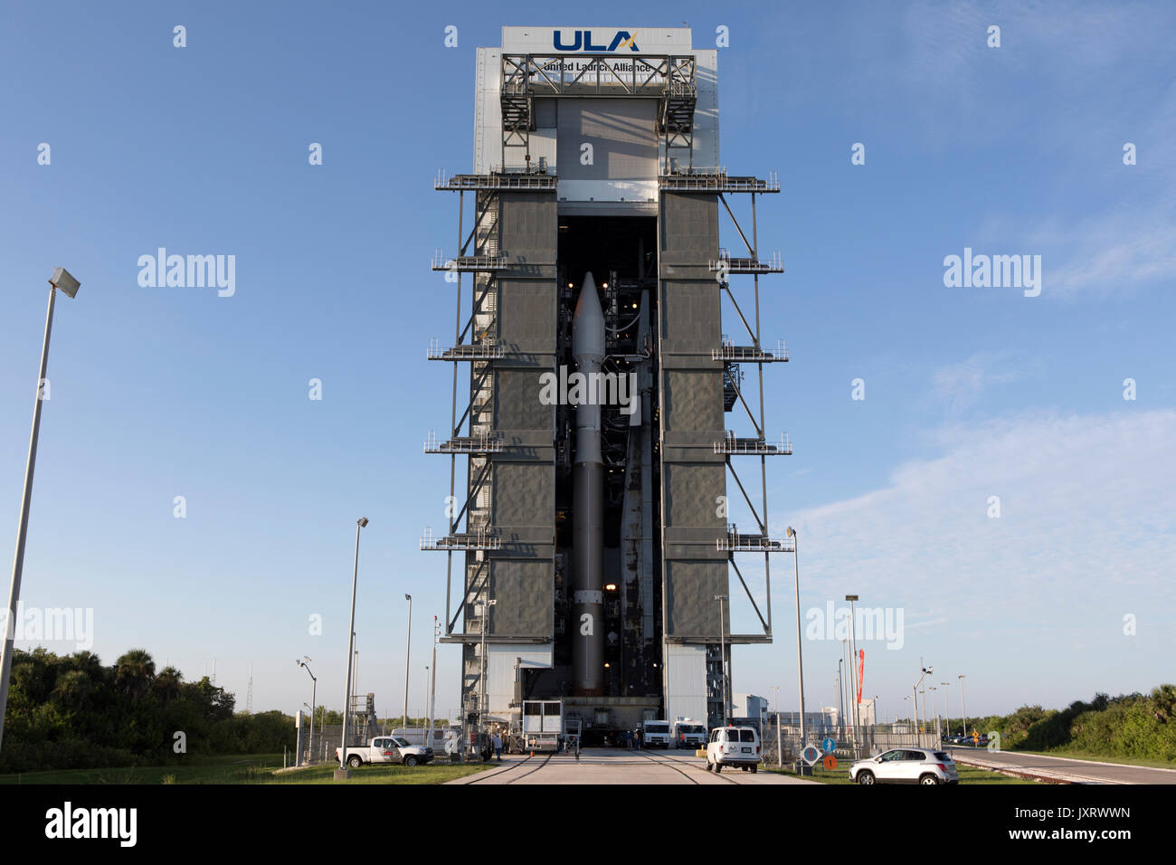 Cape Canaveral, United States Of America. 16th Aug, 2017. The United Launch Alliance Atlas V rocket is rolled out from the Vertical Integration Facility at Space Launch Complex 41 at Cape Canaveral Air Force Station August 16, 2017 in Cape Canaveral, Florida. The commercial rocket scheduled to send NASA's Tracking and Data Relay Satellite, TDRS-M to orbit on August 18th. Credit: Planetpix/Alamy Live News Stock Photo