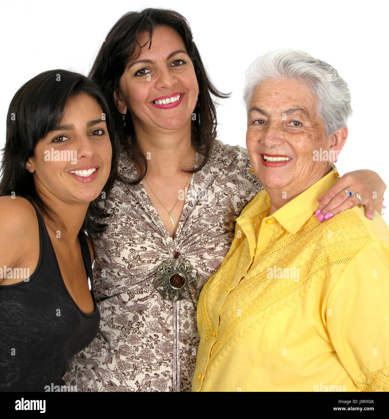 Three generation of a family,grandmother 70,mother 40 and daughter 20 years old, isolated Stock Photo