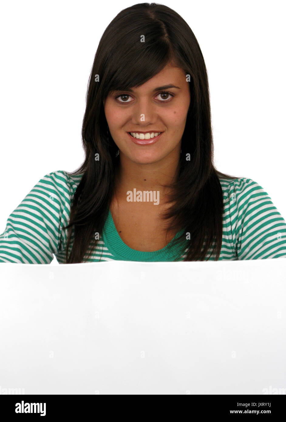Attractive smiling woman holding blank sign Stock Photo