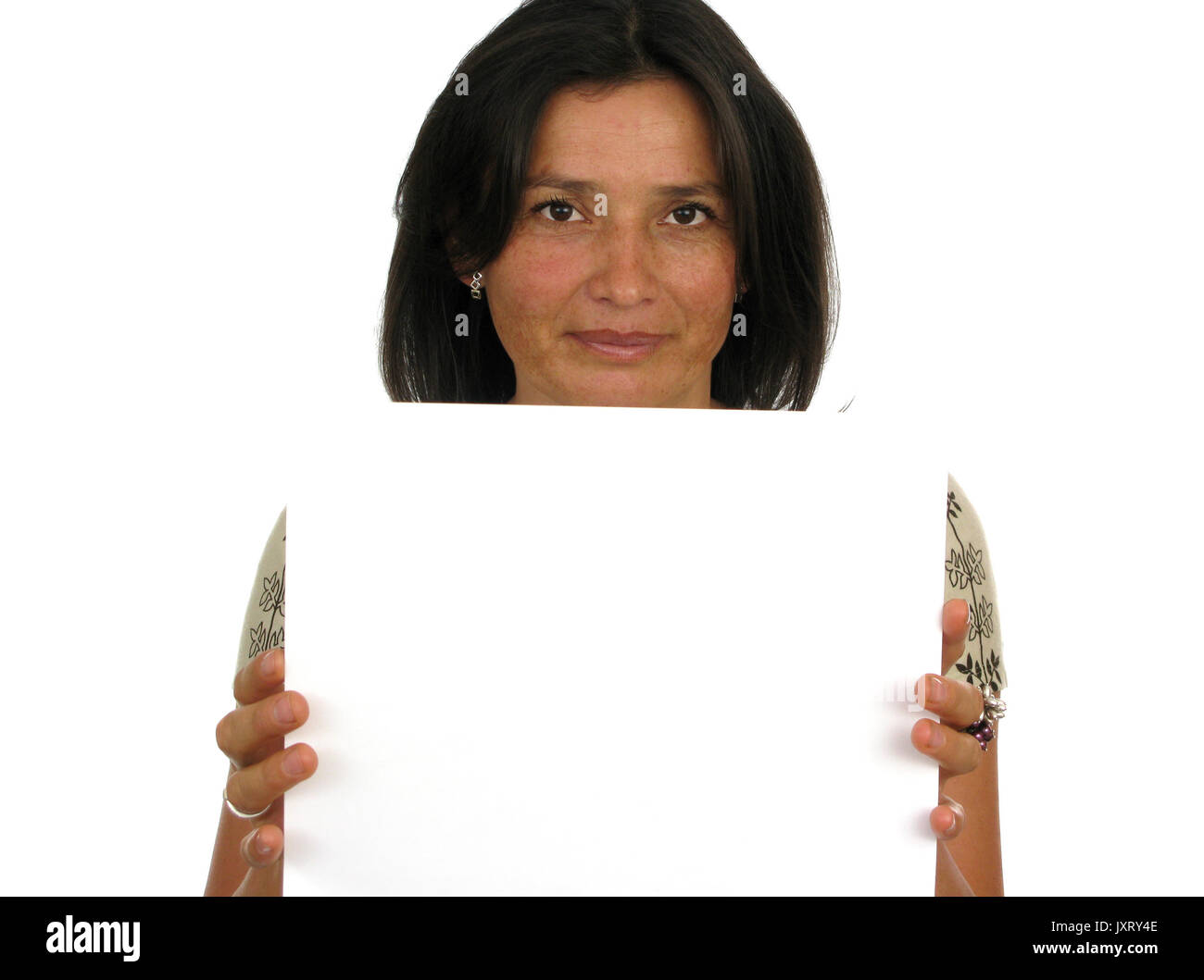Buisiness woman holding up a blank paper Stock Photo