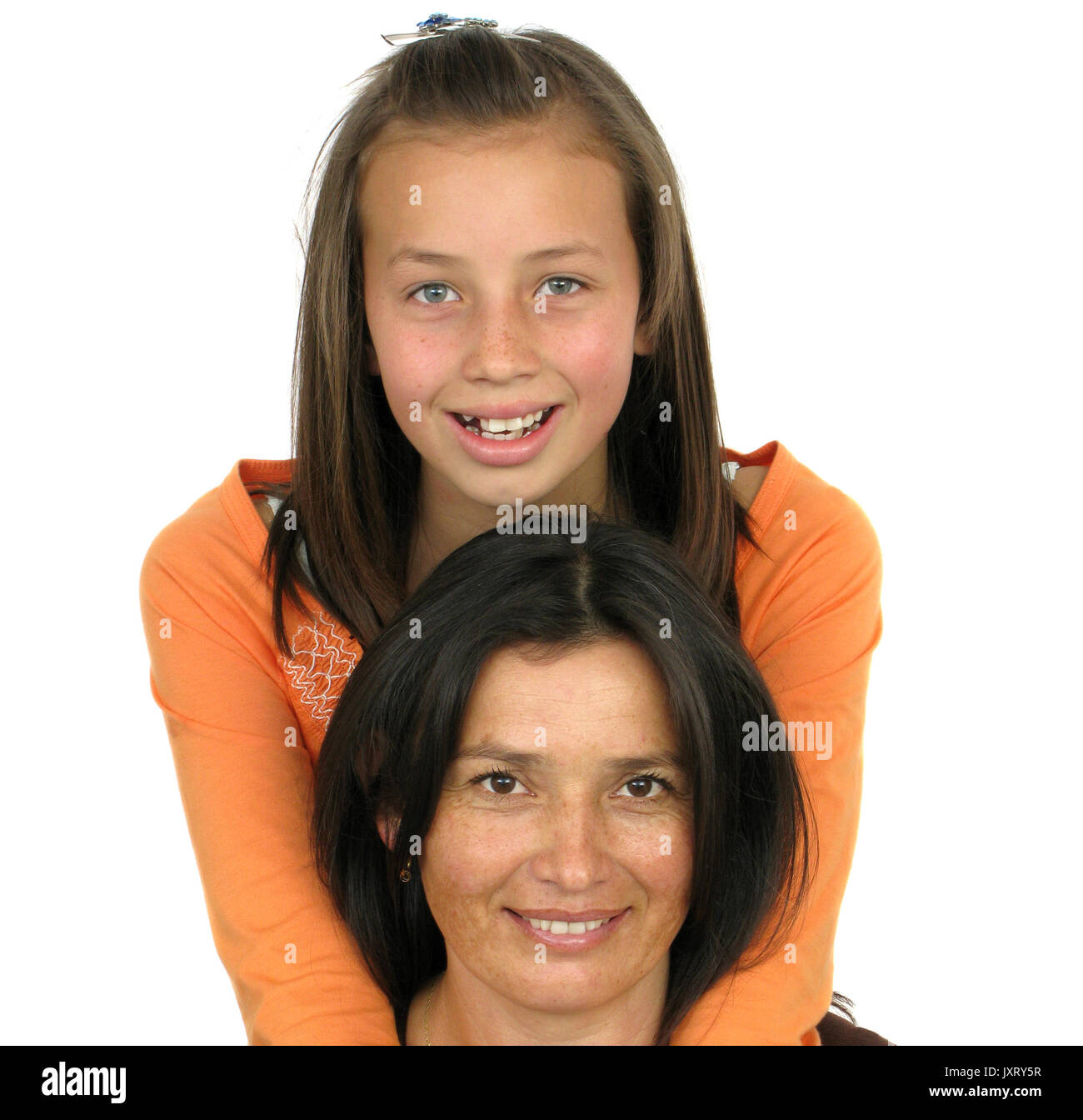 Smiling Mother daughter over white background Stock Photo