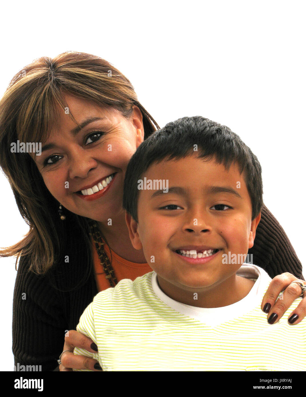 Smiling mother and son over white background Stock Photo