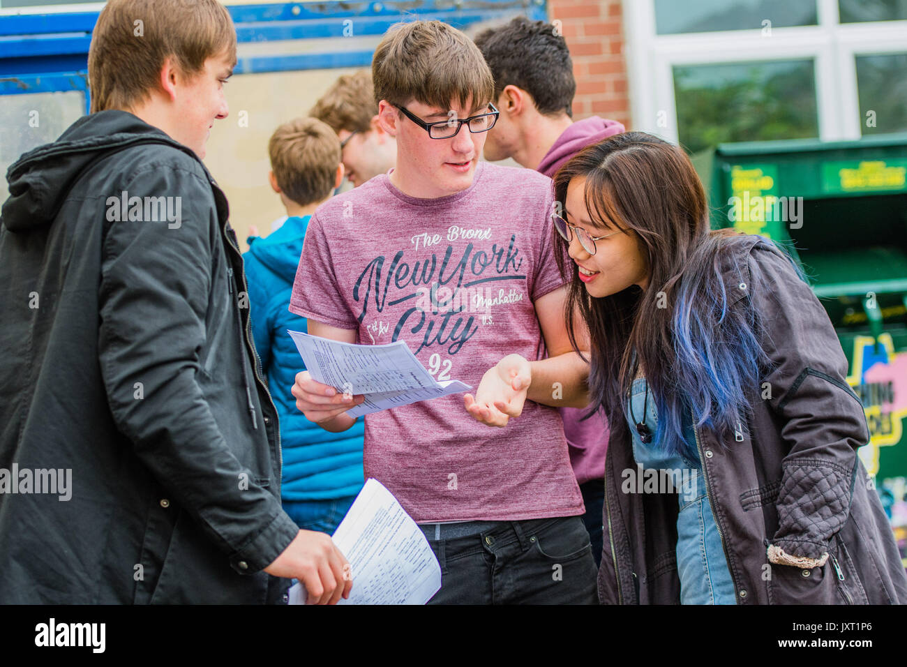 Aberystwyth Wales UK, Thursday 17 August 2017 Education in the UK : Pupils at Penglais School, Aberystwyth, celebrating after collecting their A level and AS level results photo Credit: Keith Morris/Alamy Live News Stock Photo