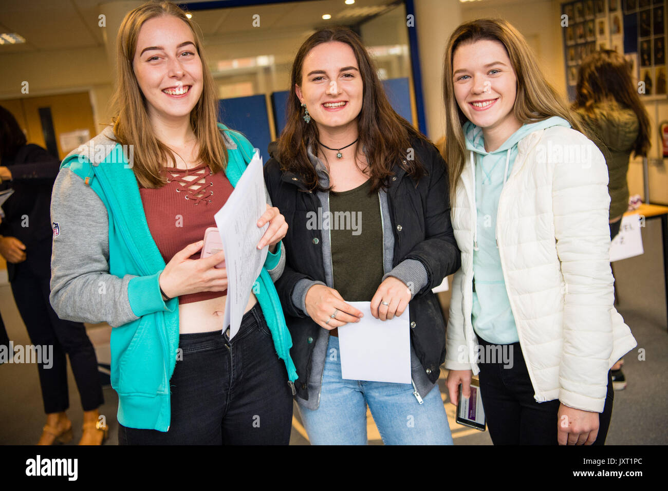 Aberystwyth Wales UK, Thursday 17 August 2017 Education in the UK : Pupils at Penglais School, Aberystwyth, looking happy after collecting their A level and AS level results photo Credit: Keith Morris/Alamy Live News Stock Photo