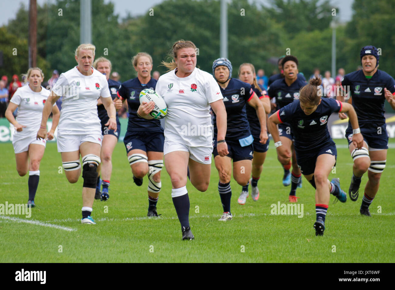 Dublin, Ireland. 17th Aug, 2017. Sarah Bern with the ball during the  England v USA match at the Women's Rugby World Cup at Billings Park UCD,  Dublin. FT: England 47 - 26