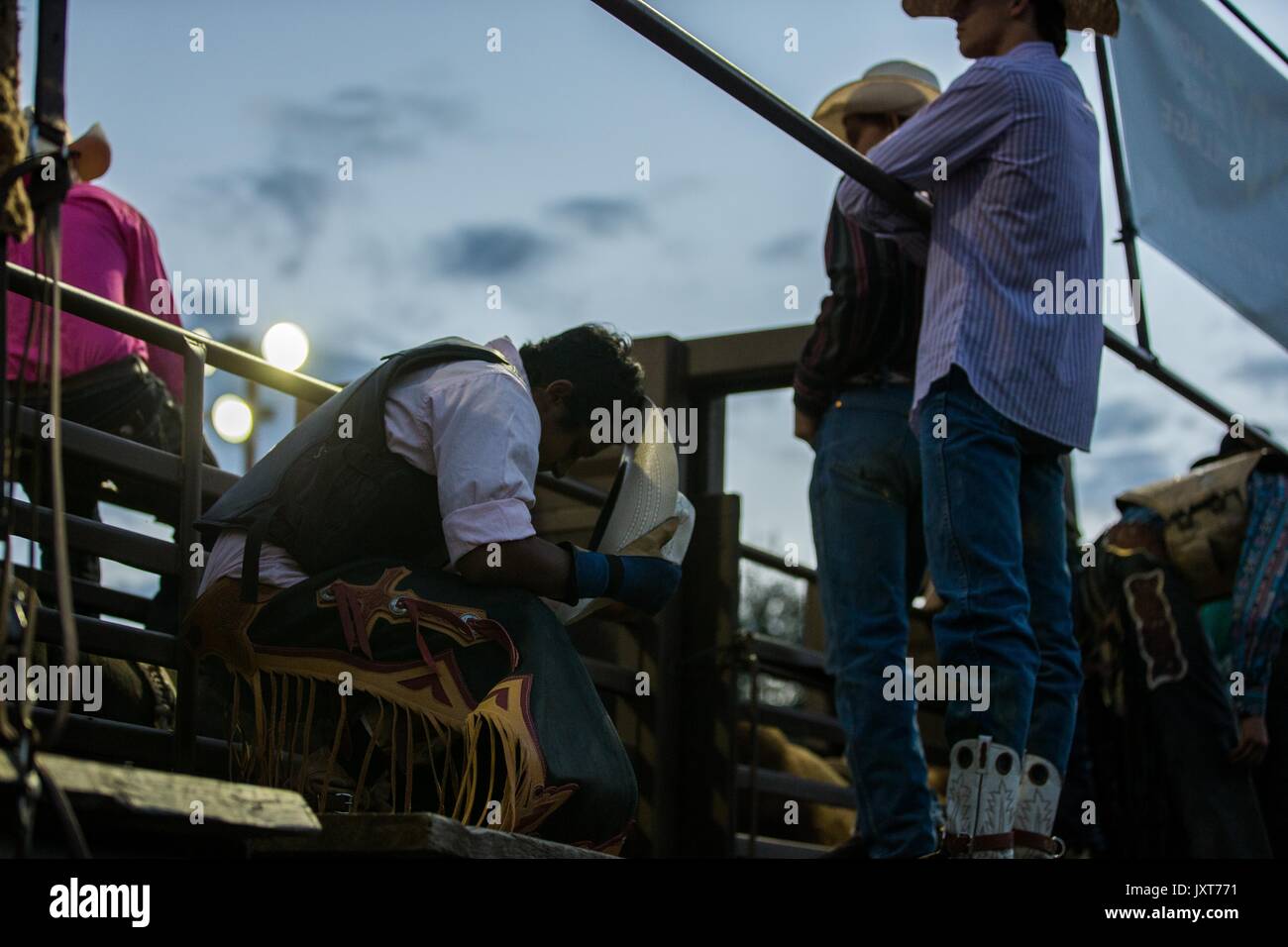 Snowmass, Colorado, USA. 16th Aug, 2017. A Bull Rider prays prior to mounting his bull in the chute during the Snowmass Rodeo. Credit: Alex Edelman/ZUMA Wire/Alamy Live News Stock Photo