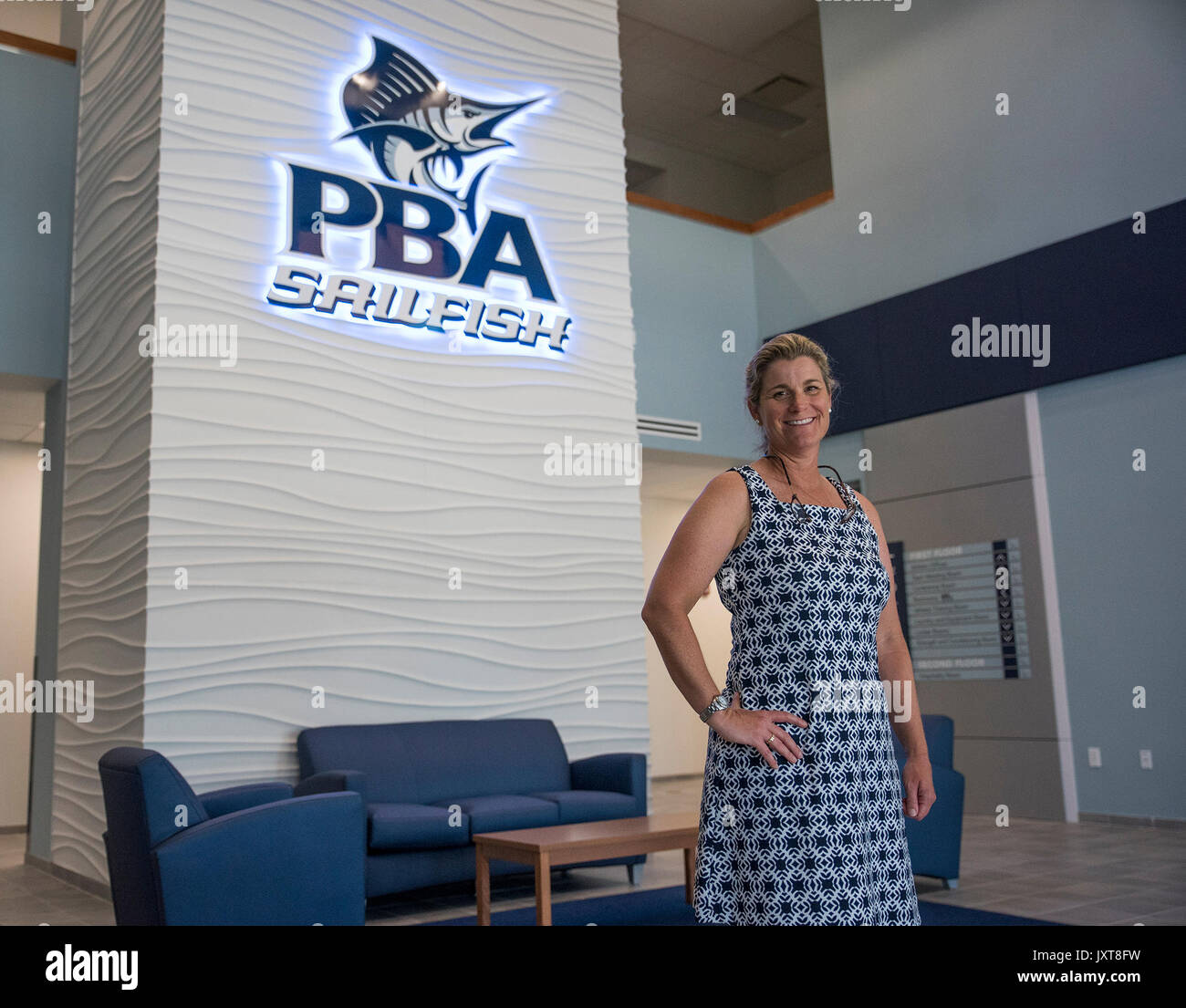 West Palm Beach, Florida, USA. 17th Aug, 2017. Palm Beach Atlantic University Athletic Director Carolyn Stone poses for a portrait in the lobby of Palm Beach Atlantic University's new John & Sheila Rinker Sports Center in West Palm Beach, Fla., on Thursday, August 17, 2017. The $9 million athletics facility represents a shift of focus for the university toward athletics. Credit: Andres Leiva/The Palm Beach Post/ZUMA Wire/Alamy Live News Stock Photo
