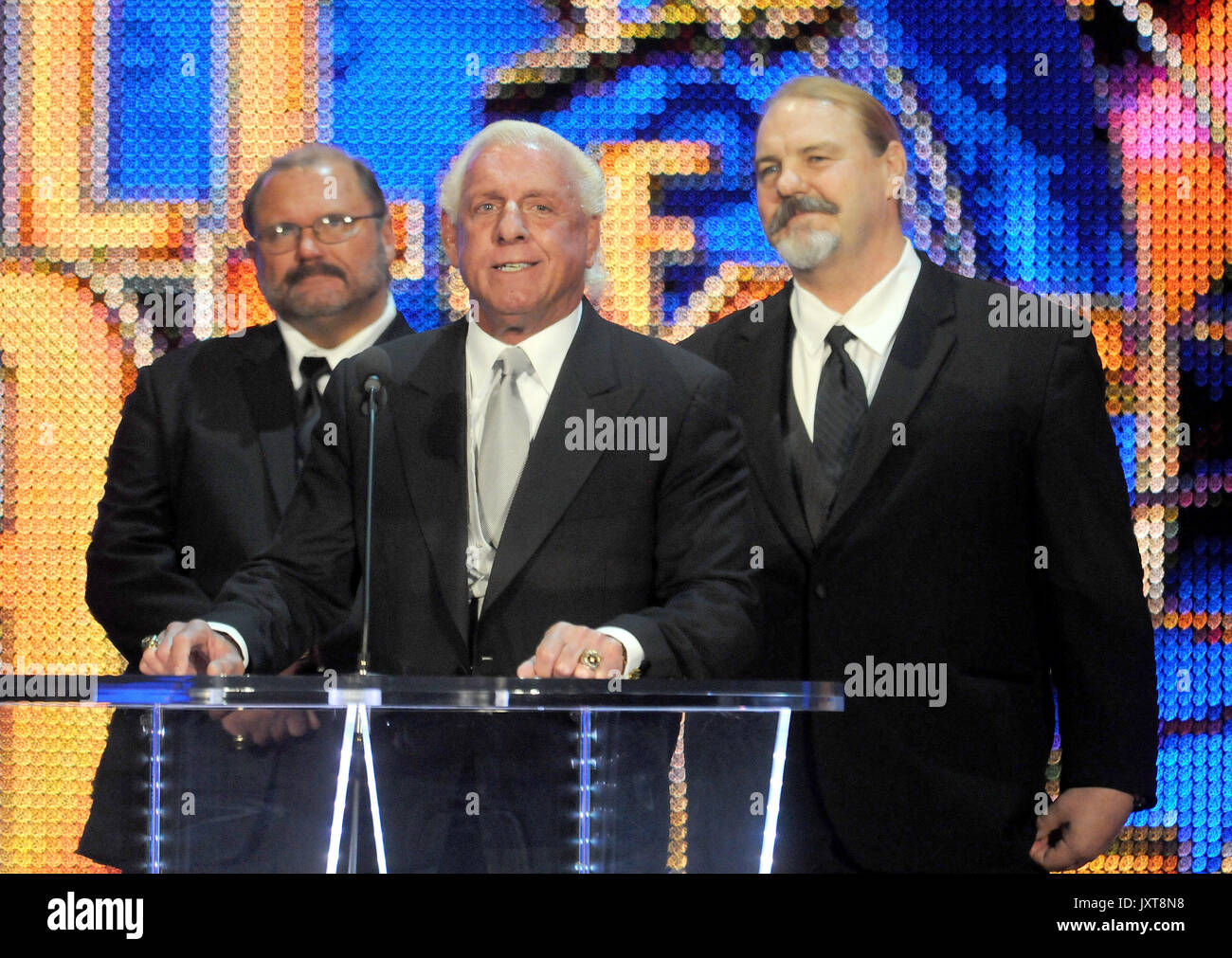 Arn Anderson, Ric Flair and Barry Windham pictured at the WWE Hall Of Fame induction ceremony for the Four Horsemen at the American Airlines Arena in Miami, Florida on March 31, 2012. Credit: George Napolitano/MediaPunch Stock Photo