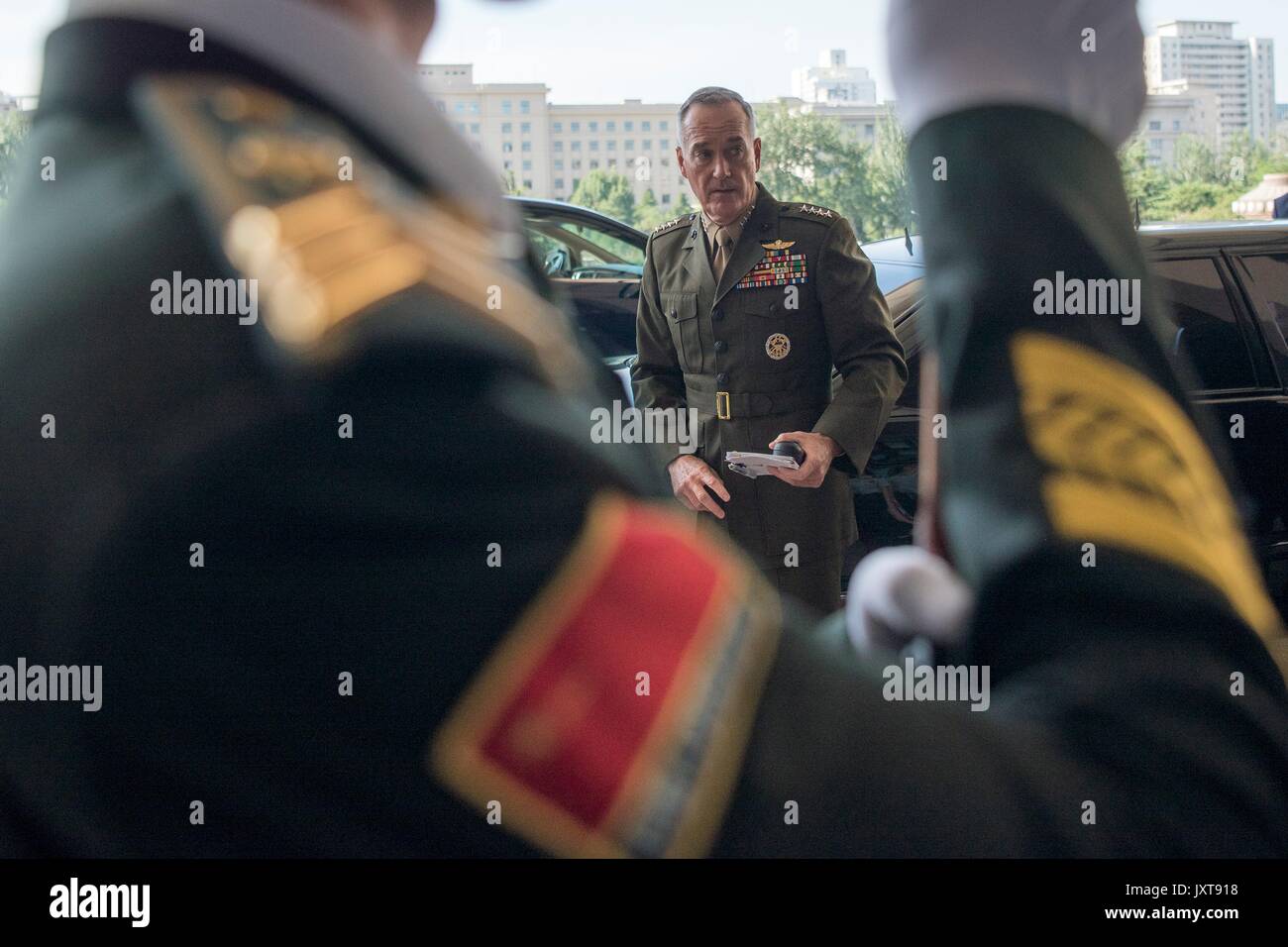 Beijing, China. 17th Aug, 2017. U.S. Chairman of the Joint Chiefs Gen. Joseph Dunford arrives for a meeting with Chinese Gen. Fan Chanlong, vice chairman of the Central Military Commission, at the headquarters of the Peoples Liberation Army August 17, 2017 in Beijing, China. Dunford is in China to discuss defusing the situation in North Korea. Credit: Planetpix/Alamy Live News Stock Photo