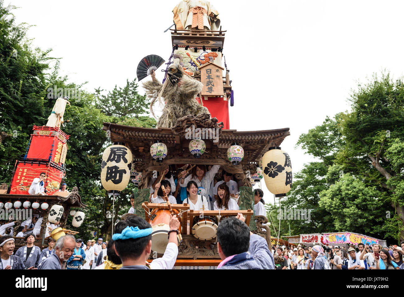 AUGUST 17, 2017 - People celebrate at the Kotai Jingu Shrine Festival in Fujisawa, Kanagawa Prefecture, Japan. Teams from neighborhoods surrounding the shrine pull wooden floats through the streets and engage in good-natured drum battles. The festival is held each year around the August bon holiday. Credit: Ben Weller/AFLO/Alamy Live News Stock Photo