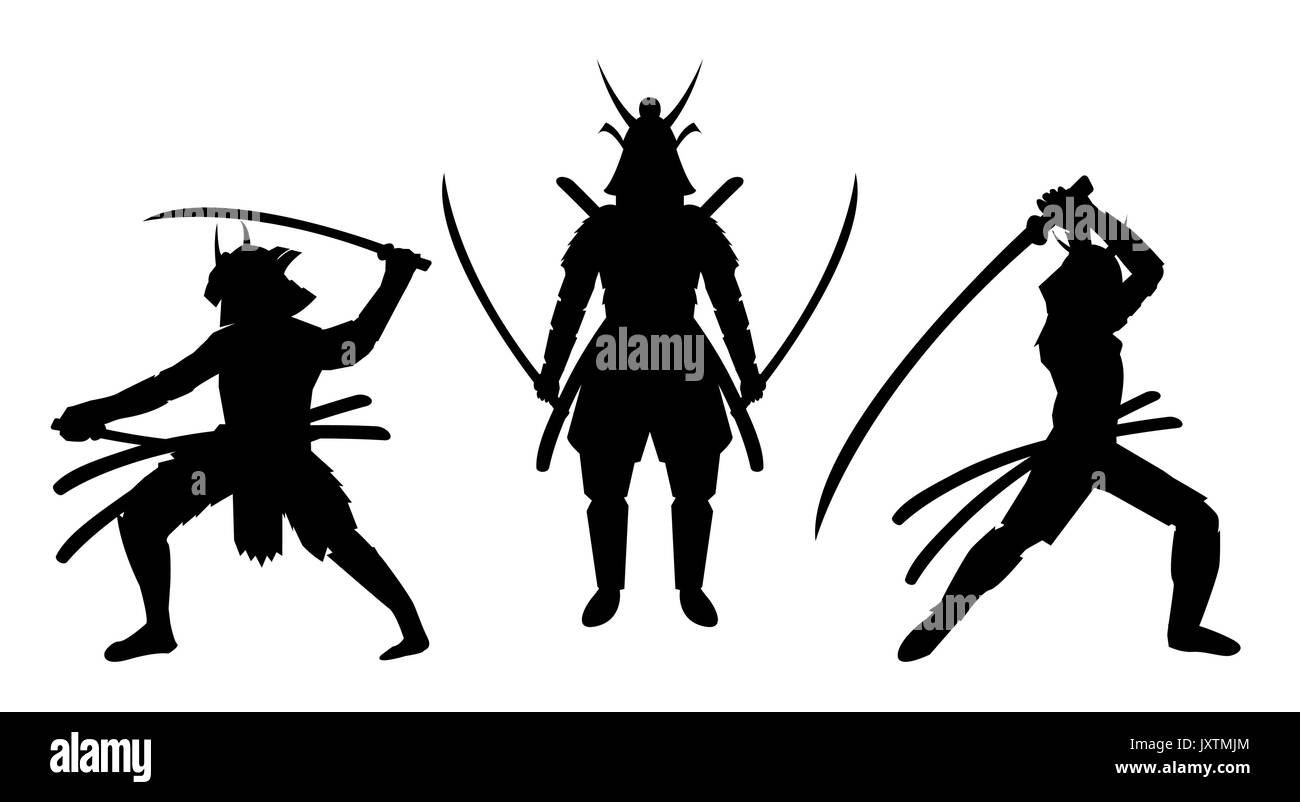 three samurai stance silhouette a white background Stock Vector