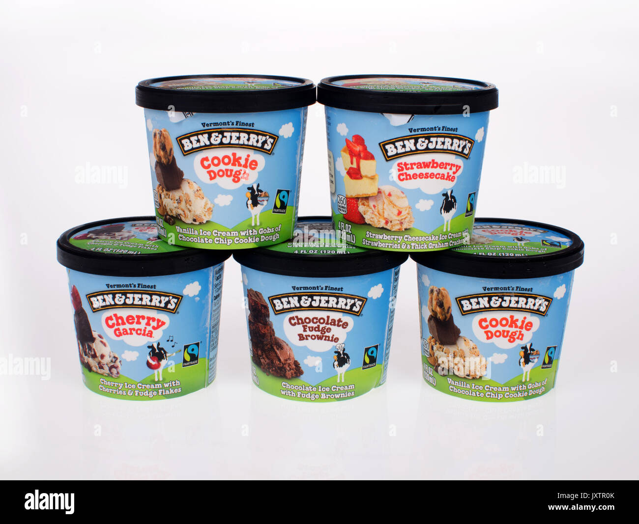 Pots of a variety of  Ben & Jerry’s Ice Cream on white background. USA Stock Photo