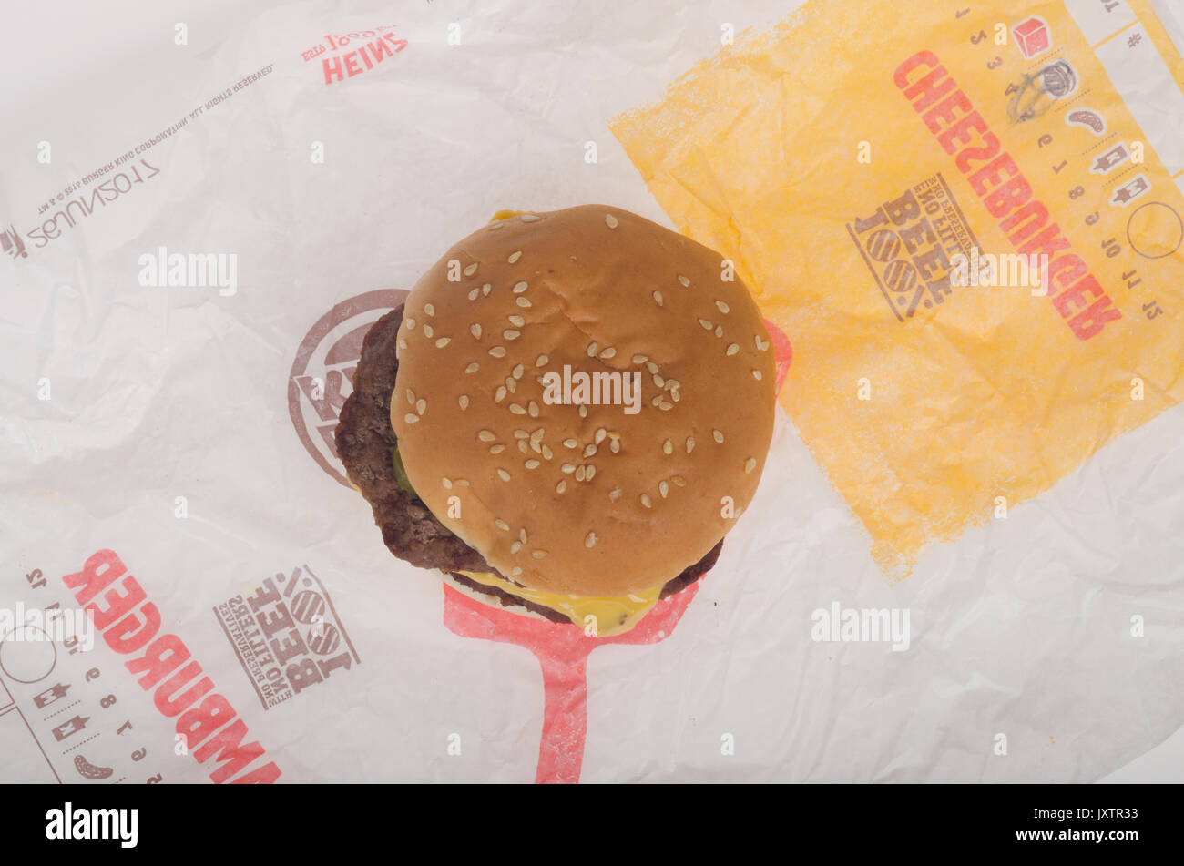 Burger King Double Cheeseburger on paper wrapper, USA Stock Photo