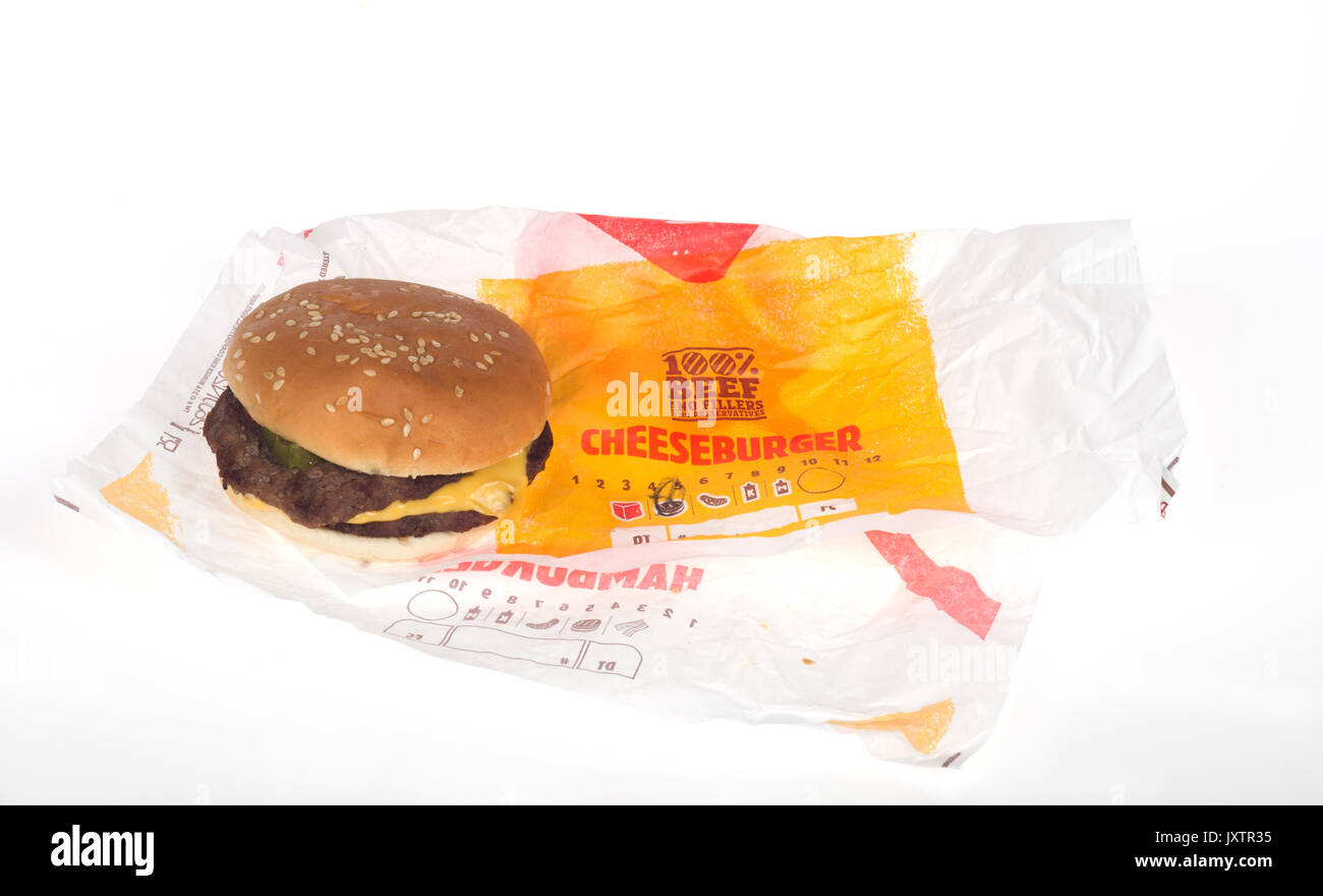 Burger King Double Cheeseburger on paper wrapper on white background, USA Stock Photo