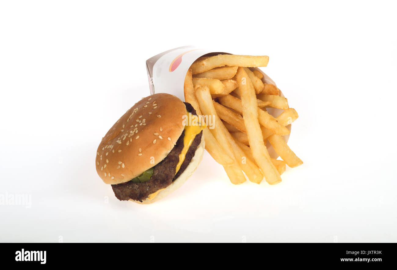 Burger King double cheeseburger and fries on white background, isolated. USA Stock Photo