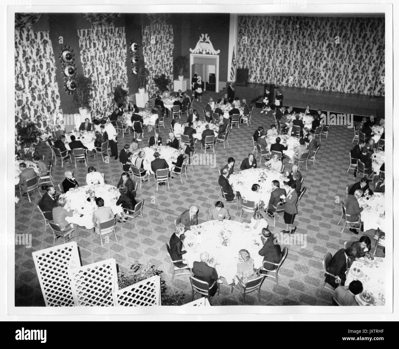 Campaign for Johns Hopkins Candid Shot, Overhead View, Guests Banqueting at the Greenbrier, Decorative Fence at Lower Corner, 1983. Stock Photo