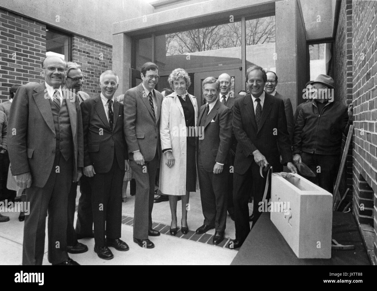 Olin Hall, Carl Finley Christ, Robert Dixon Hopkins Harvey, George Wescott Fisher, Harry Pinkard, Owen Phillips, Steven Muller, Group photograph taken at the dedication and cornerstone laying ceremony for Olin Hall, 1982. Stock Photo