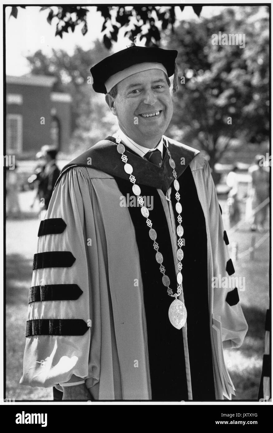 Steven Muller, Presidential Insignia, Commencement Portrait photograph, Taken outdoors during Commencement, Wearing full academic robes and the Presidential Insignia, 1989. Stock Photo