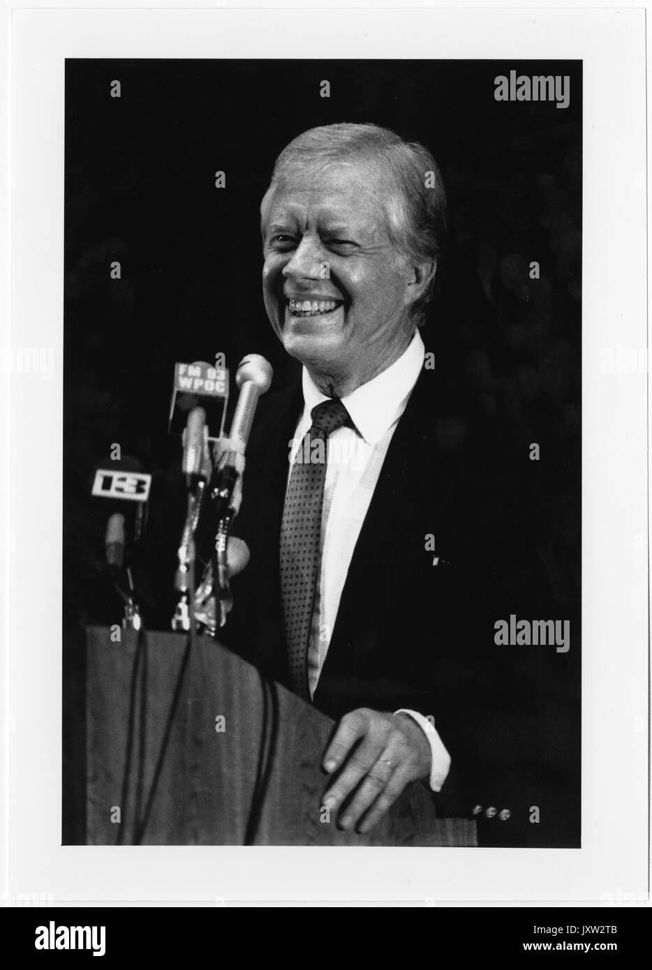 Albert Schweitzer Prize for Humanitarianism, James Earl Carter, Jr [Jimmy] Candid photograph, Carter at press conference after receiving award, 1987. Stock Photo