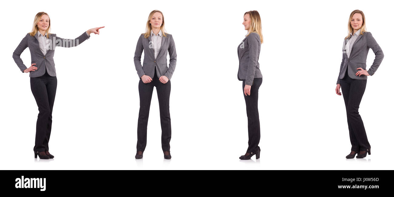 Businesswoman in gray suit isolated on white Stock Photo - Alamy