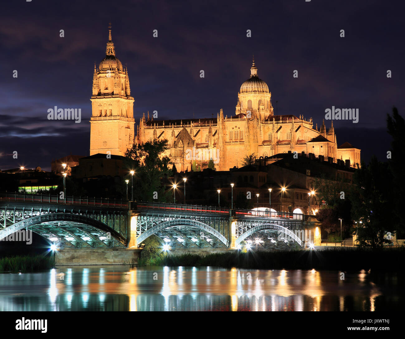 Salamanca skyline at night in Enrique Estevan bridge over Tormes river in Spain Stock Photo