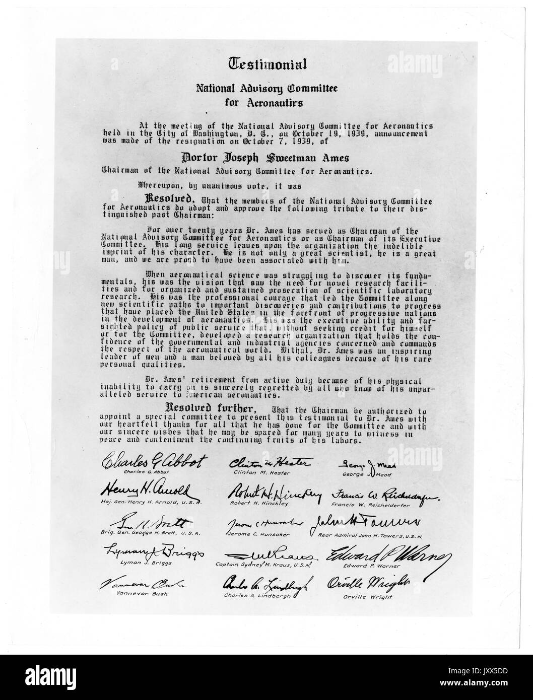 Joseph Sweetman Ames, National Advisory Committee for Aeronautics Testimonial presented upon Amess resignation from the National Advisory Committee for Aeronautics, 1937. Stock Photo