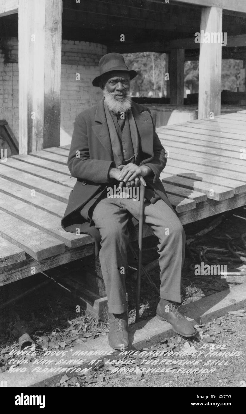 Ambrose Hillard Douglas, an African American Civil War slave, sits outside holding a cane on the Lewis plantation and turpentine still, 1940. Stock Photo