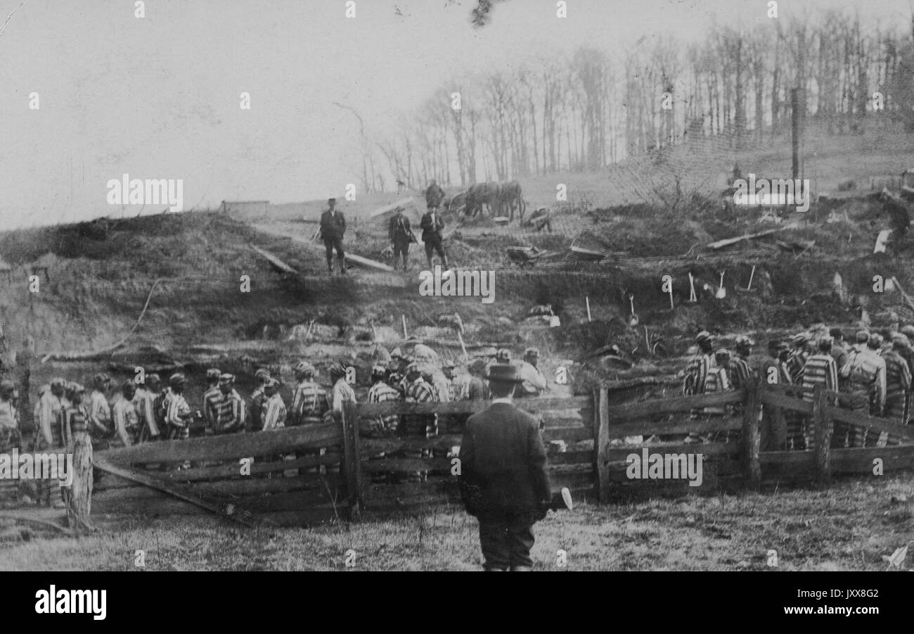 A large group of African American male laborers in striped prison uniforms stand in a cleared wooded area, among mounds of dirt and shovels, with finely dressed Caucasian men overseeing their labor, 1909. Stock Photo