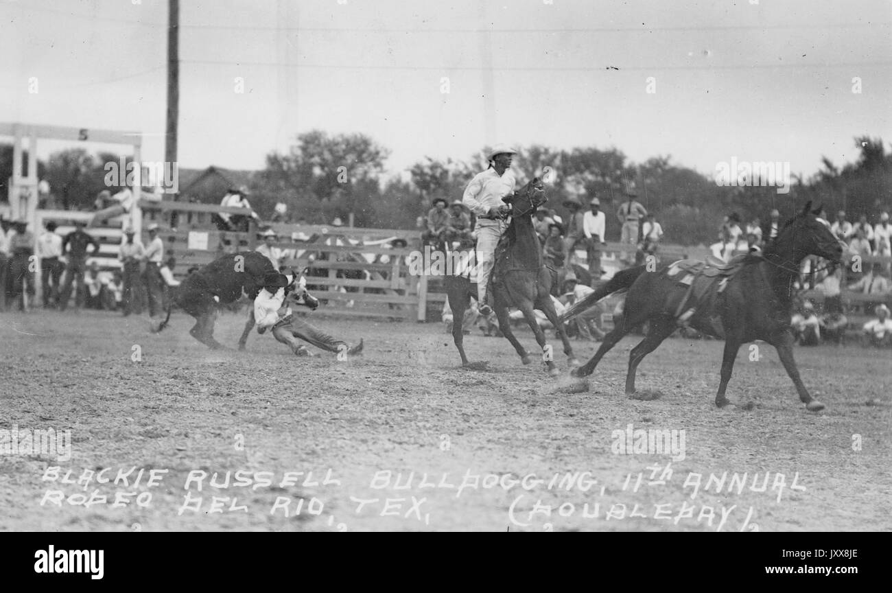 Cowboy Blackie Russell (front left) steer wrestles in the rodeo arena of the eleventh annual Rodeo Del Rio, Texas, as spectators and other cowboys look on, taken by rodeo photographer Ralph R Doubleday, Texas, 1925. Stock Photo