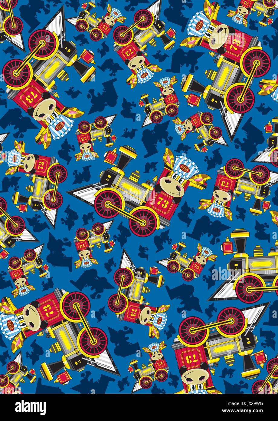 Cartoon Giraffe Driving Vintage Steam Train Pattern Stock Vector